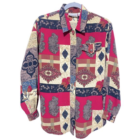 Vintage Red Abstract Silky Button Down Blouse Shirt Small - Picture 1 of 11